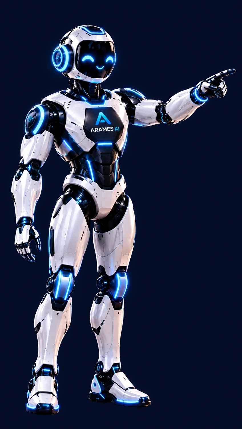 ARAMES AI in white armour, pointing towards new possibilities